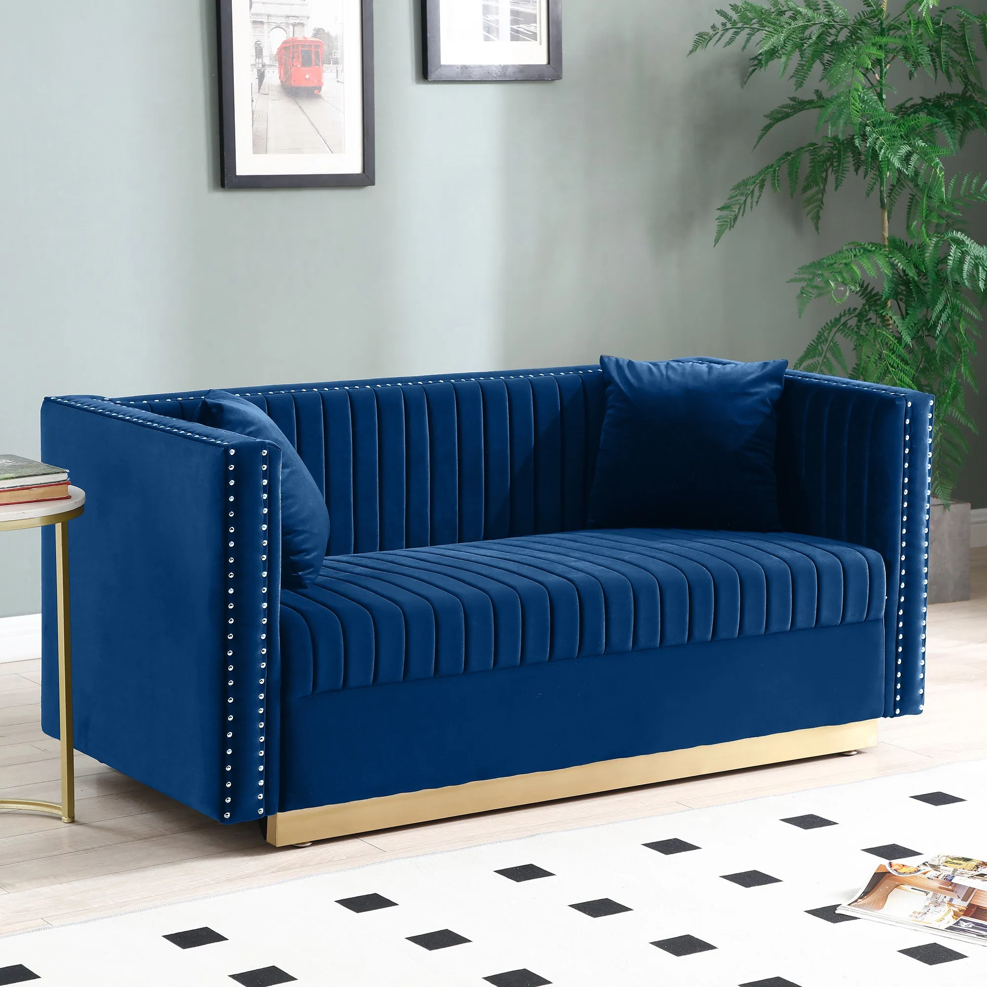 Alessia Tufted Velvet Sofa  Loveseat with 2 pillows - Blue