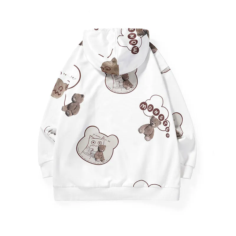 Bigdon Bear print hooded off-shoulder kangaroo pocket space cotton hoodie