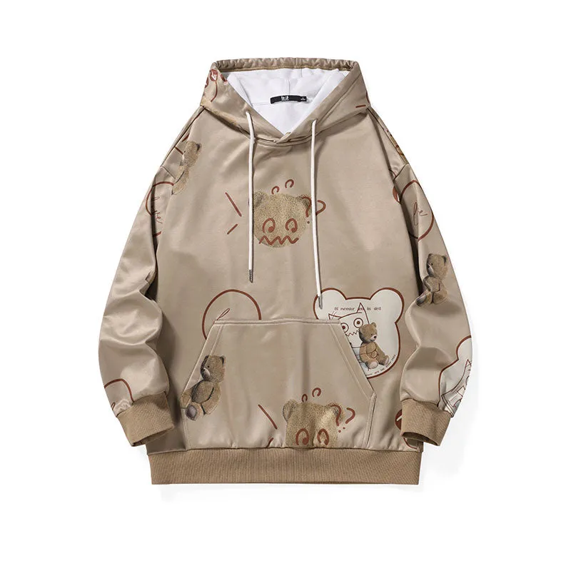 Bigdon Bear print hooded off-shoulder kangaroo pocket space cotton hoodie