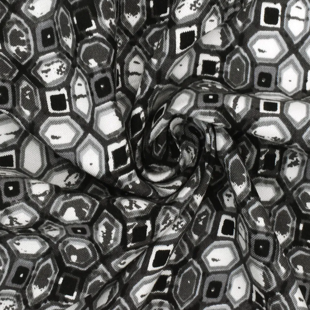 Black-Gray-White Abstract Tile Printed Rayon Challis Fabric