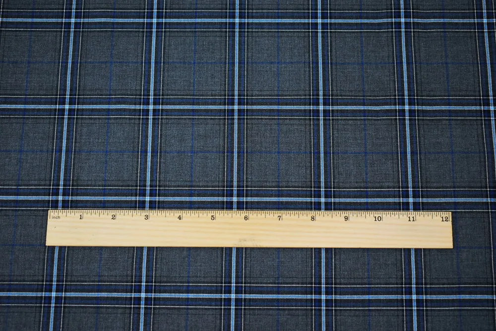 Blue-Gray-Black Polyester Wool Blend Plaid Shirting Woven Fabric