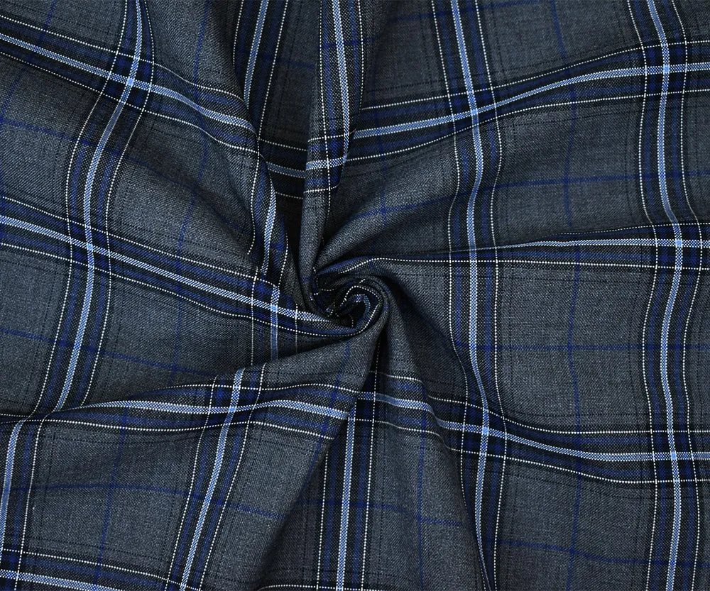 Blue-Gray-Black Polyester Wool Blend Plaid Shirting Woven Fabric