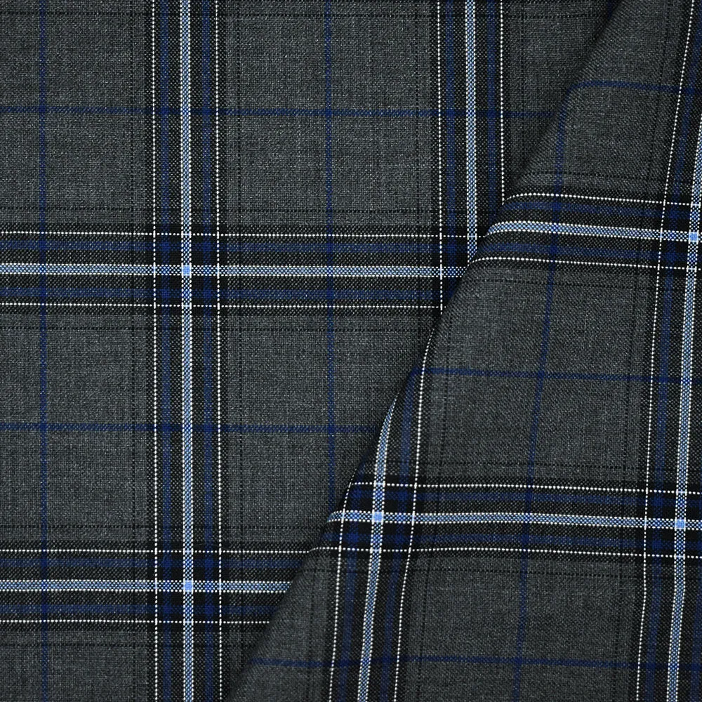 Blue-Gray-Black Polyester Wool Blend Plaid Shirting Woven Fabric