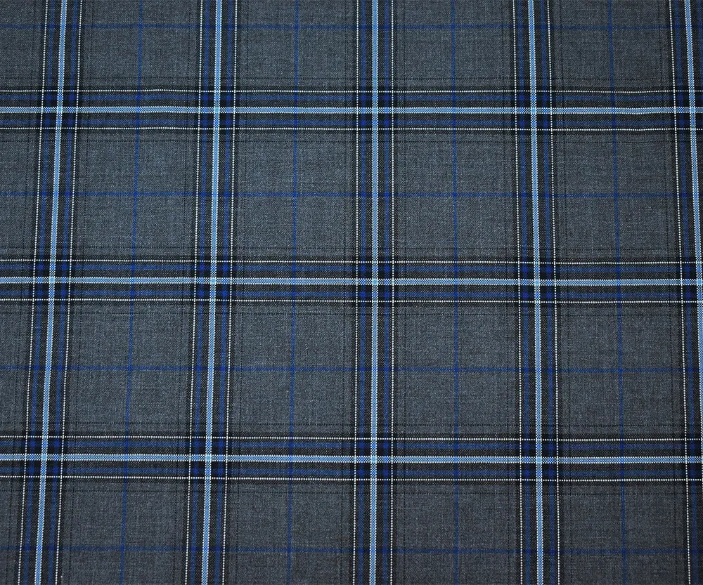 Blue-Gray-Black Polyester Wool Blend Plaid Shirting Woven Fabric