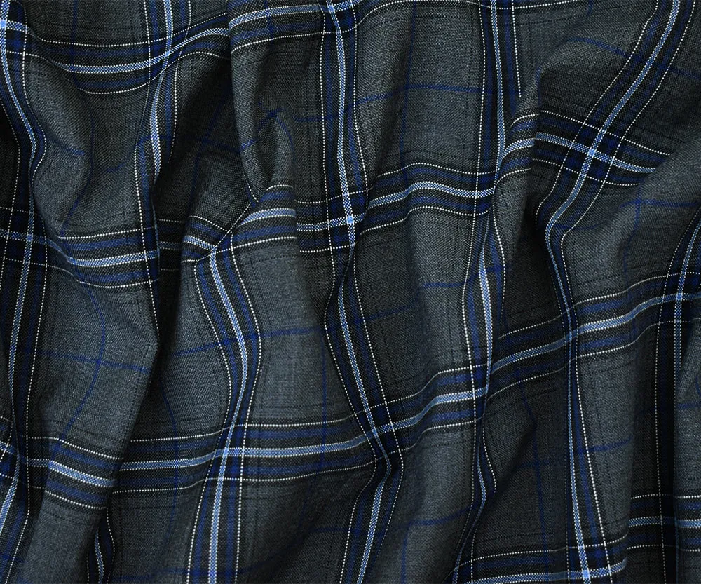 Blue-Gray-Black Polyester Wool Blend Plaid Shirting Woven Fabric