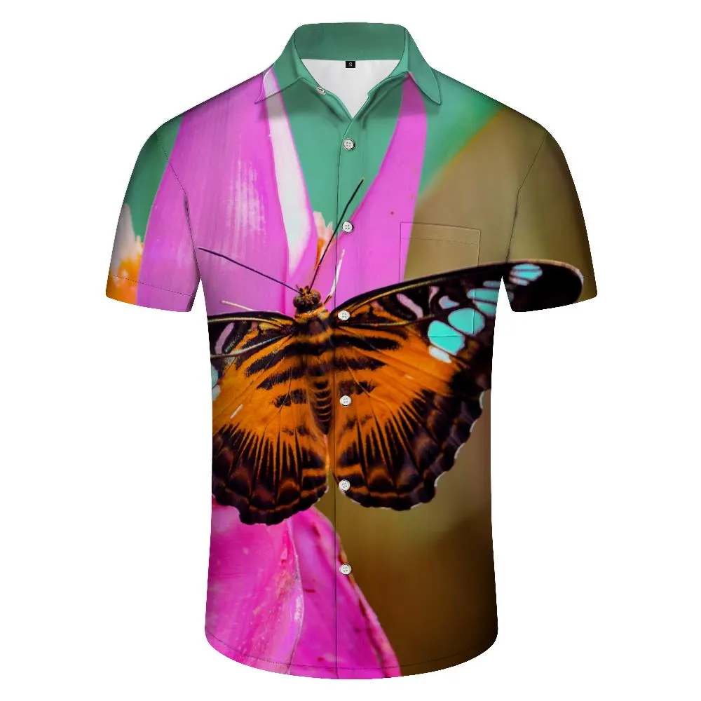 Brown butterfly print Hawaiian shirt trendy tropical summer outfit men's retro beach wear