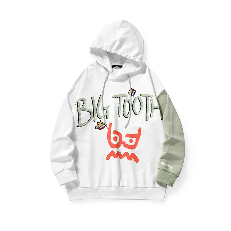 Color contrast patchwork monogram print hoodie drop sleeve cotton hoodie