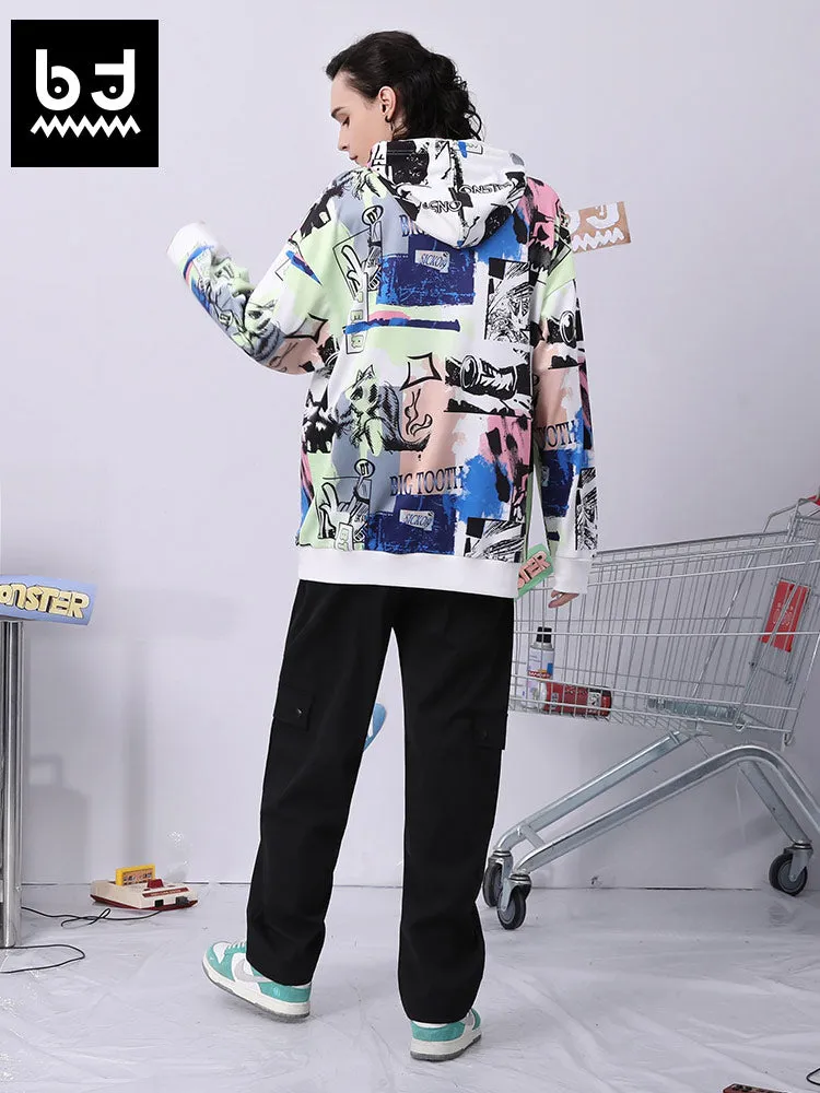 Colorful Bigdon print Space cotton hooded kangaroo down sleeve hoodie