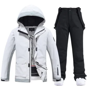 Couple White Athletic Ski Jackets And Ski Bibs Trousers