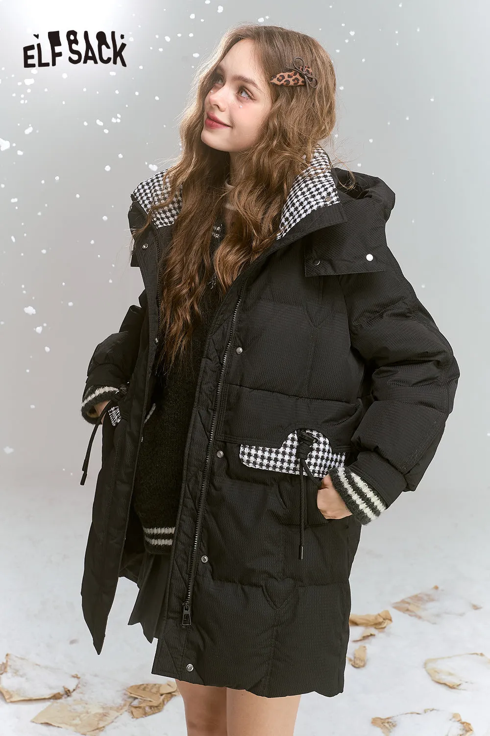 ELFSACK 2024 Winter New Arrivals Preppy style mid-length hooded plaid patchwork down jacket for women