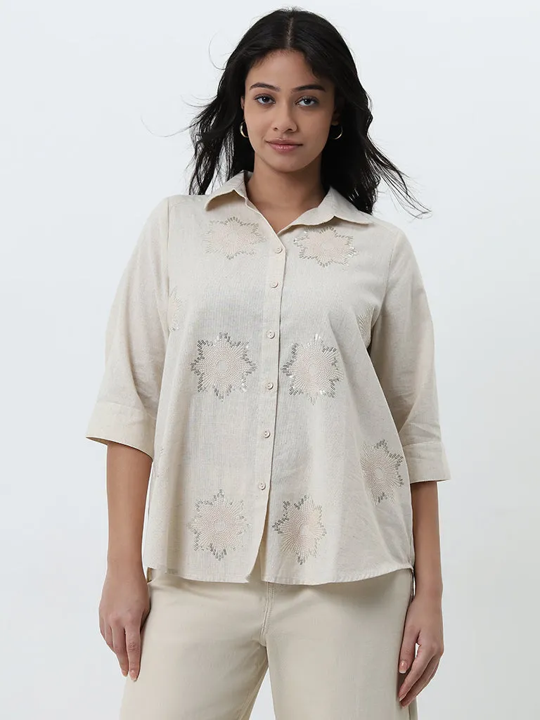 Gia Beige Embellished Cotton Shirt