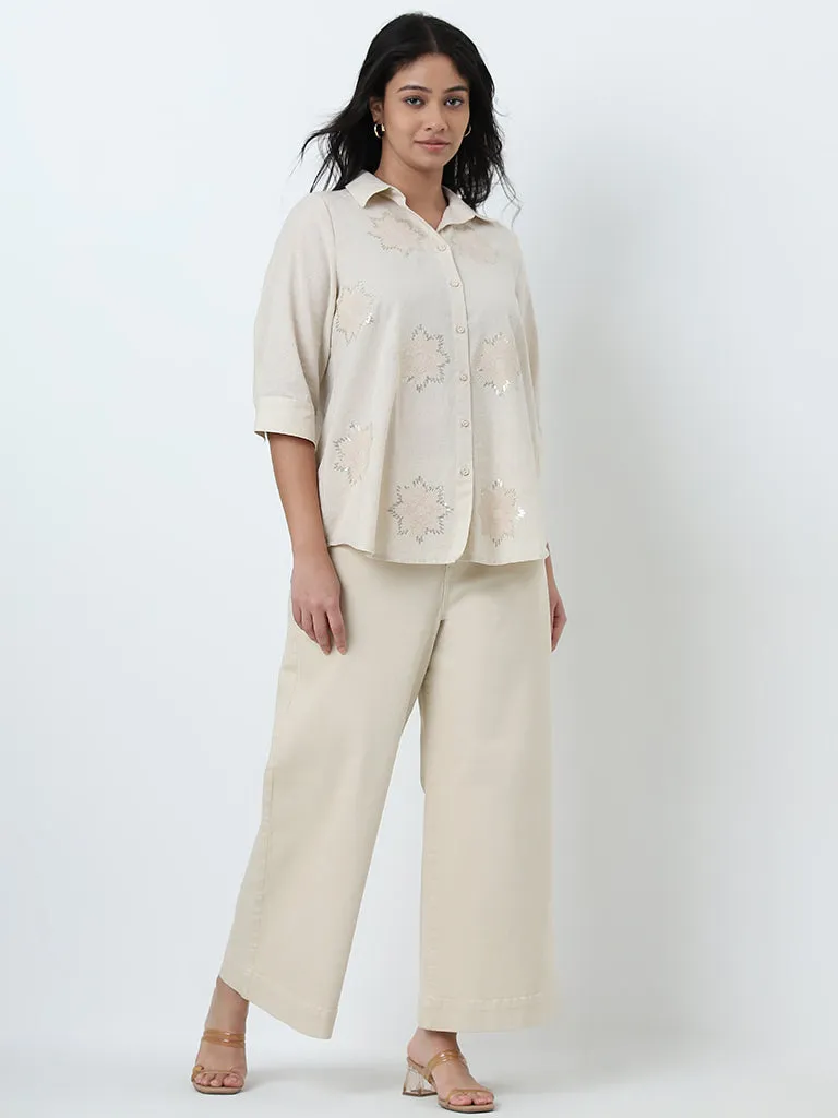 Gia Beige Embellished Cotton Shirt