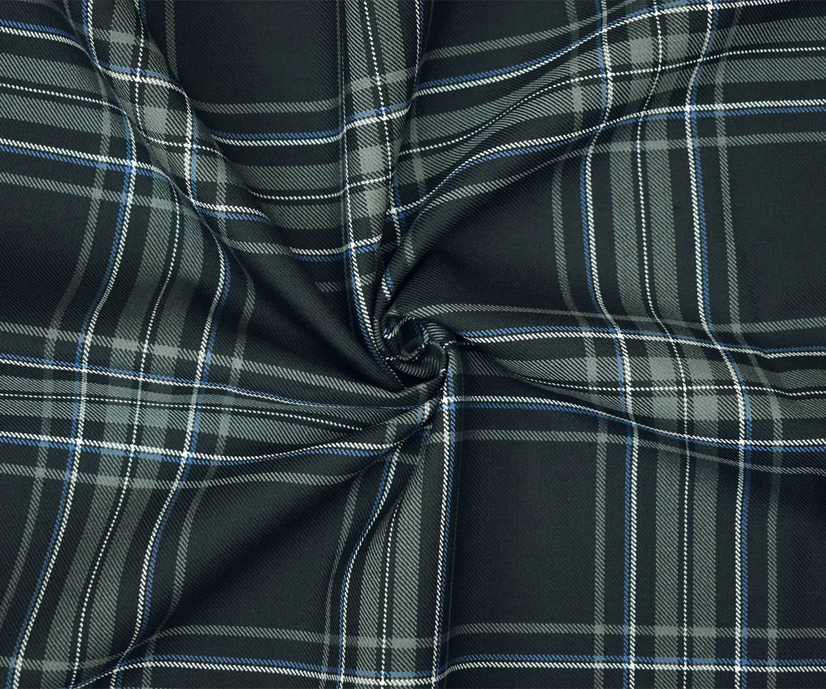 Gray-Blue-Multi Wool Polyester Plaid Twill Suiting Woven Fabric