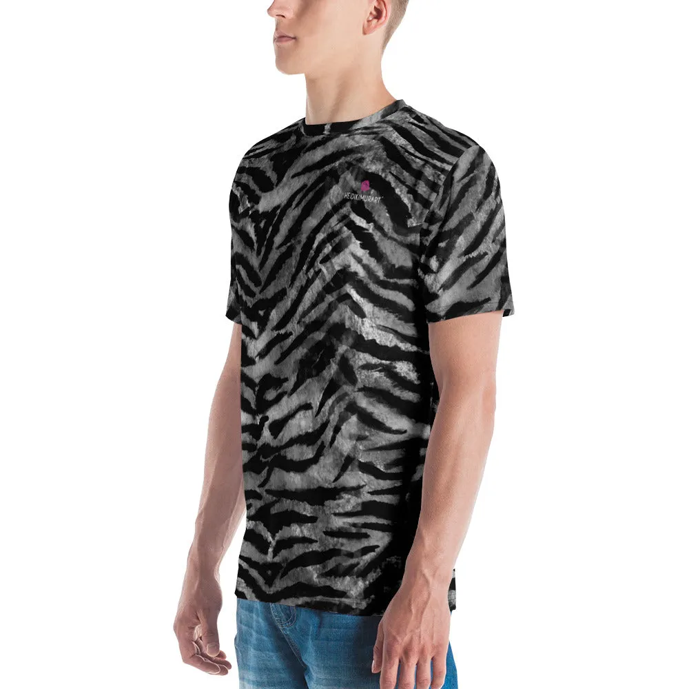 Grey Tiger Striped Men's T-shirt, Animal Print Luxury Tee For Men-Made in USA/EU/MX (US Size, XS-2XL)