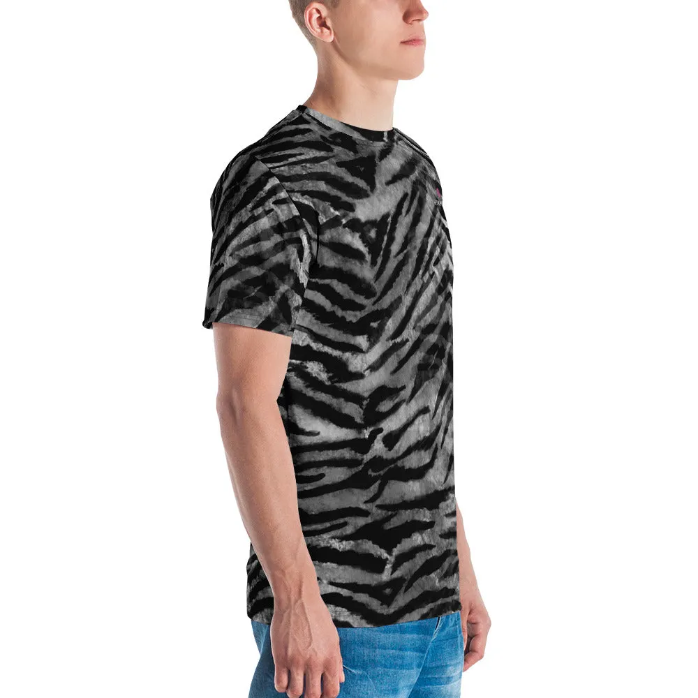 Grey Tiger Striped Men's T-shirt, Animal Print Luxury Tee For Men-Made in USA/EU/MX (US Size, XS-2XL)