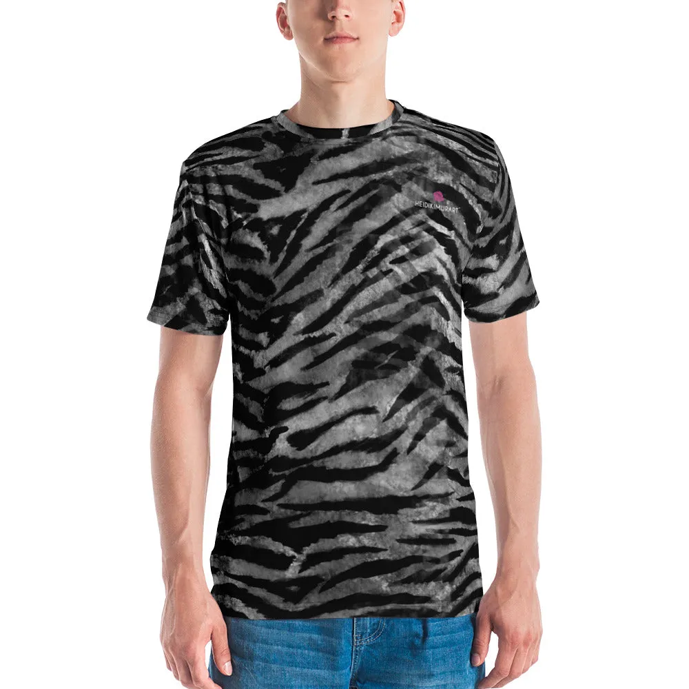 Grey Tiger Striped Men's T-shirt, Animal Print Luxury Tee For Men-Made in USA/EU/MX (US Size, XS-2XL)