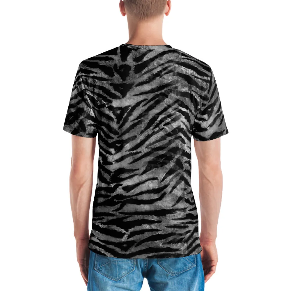 Grey Tiger Striped Men's T-shirt, Animal Print Luxury Tee For Men-Made in USA/EU/MX (US Size, XS-2XL)