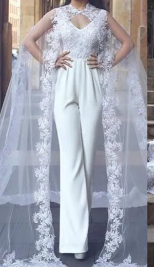 Lace Cape Bridal Pants For Wedding V Neck Wedding Bridal Jumpsuit