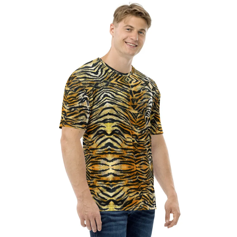 Orange Tiger Striped Men's T-shirt, Brown Bengal Tiger Striped Tees For Men-Made in USA/EU/MX