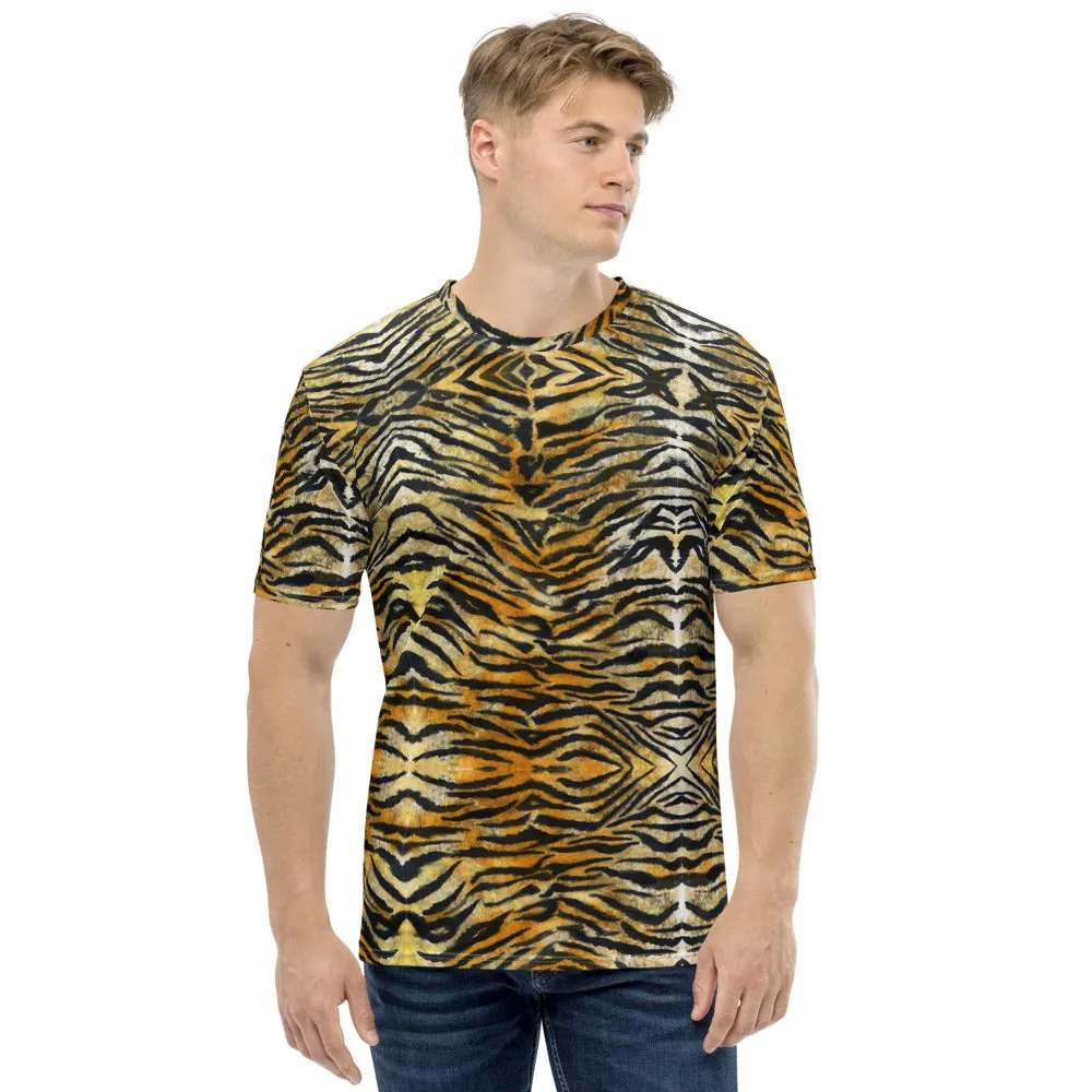 Orange Tiger Striped Men's T-shirt, Brown Bengal Tiger Striped Tees For Men-Made in USA/EU/MX