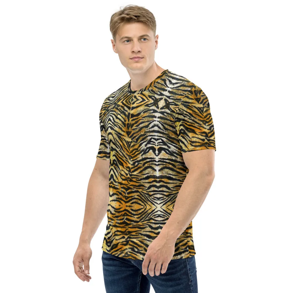 Orange Tiger Striped Men's T-shirt, Brown Bengal Tiger Striped Tees For Men-Made in USA/EU/MX