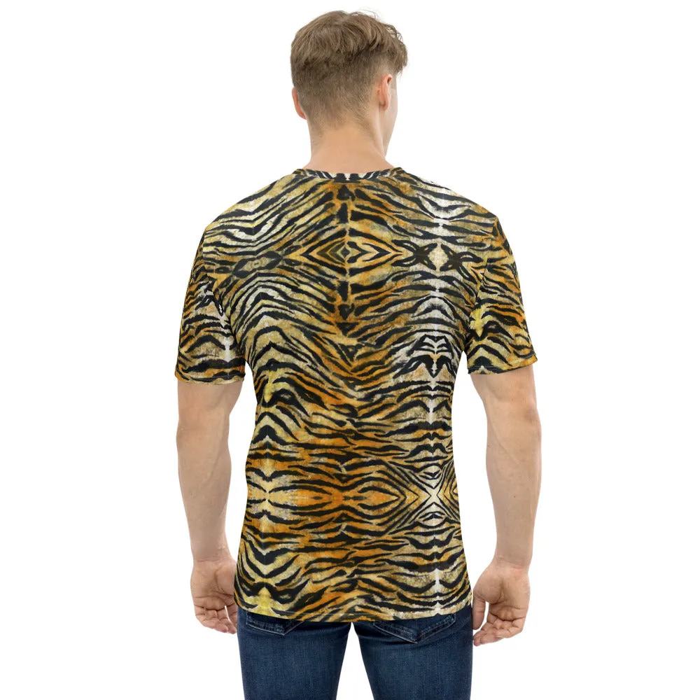 Orange Tiger Striped Men's T-shirt, Brown Bengal Tiger Striped Tees For Men-Made in USA/EU/MX