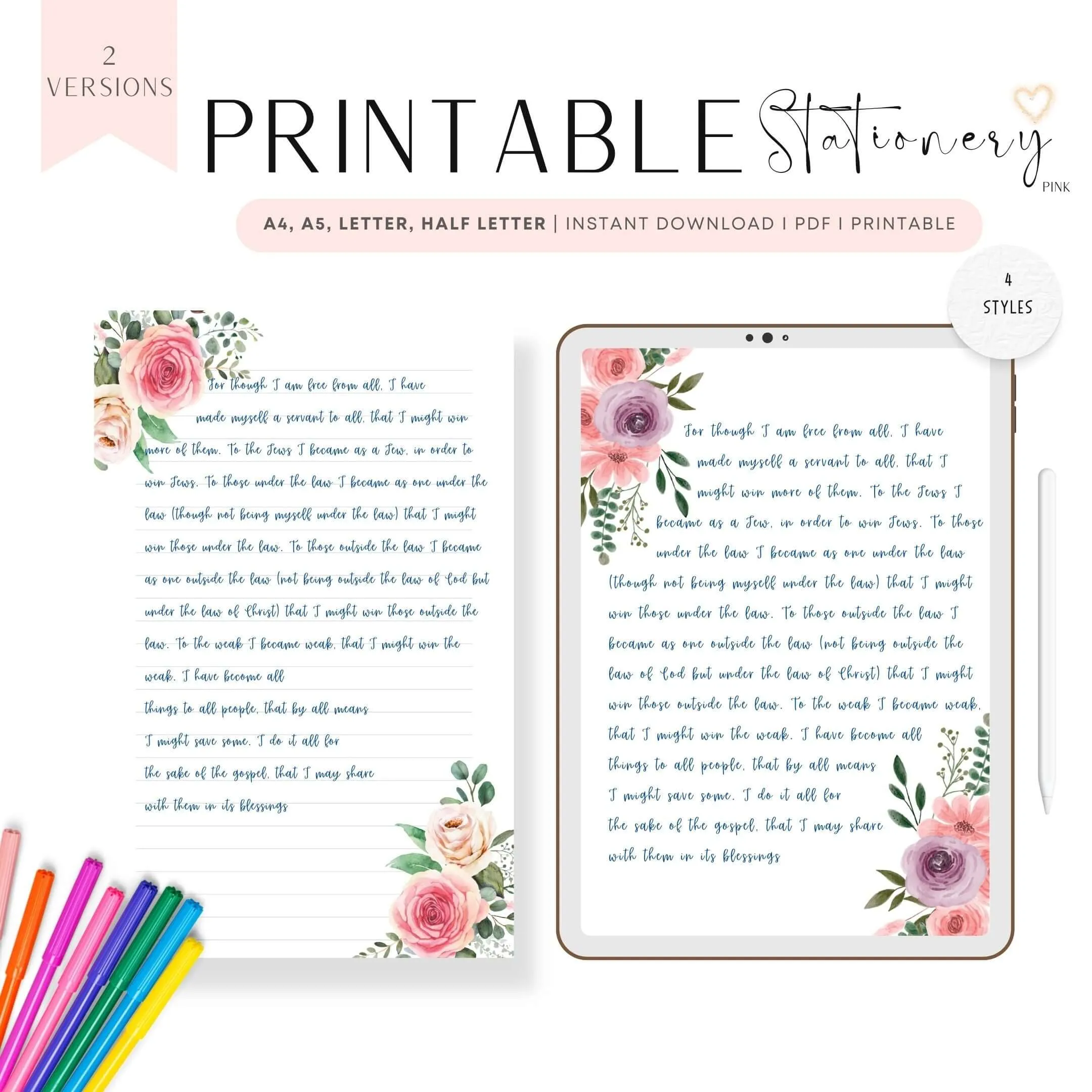 Pink Floral Printable Stationery