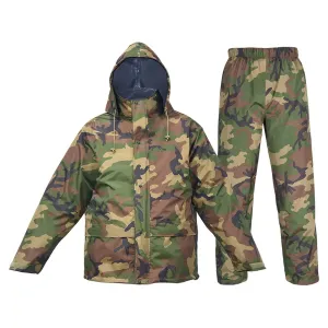 Portable Woodland Camo Poncho Raincoat Set with Rain Pants Folding Waterproof Clothes Trip Tactical Man Rain Jacket