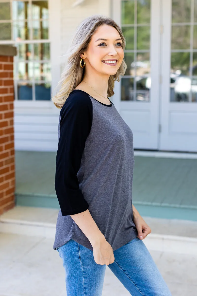 Precision Stripes: Grey & Black Striped Baseball Raglan