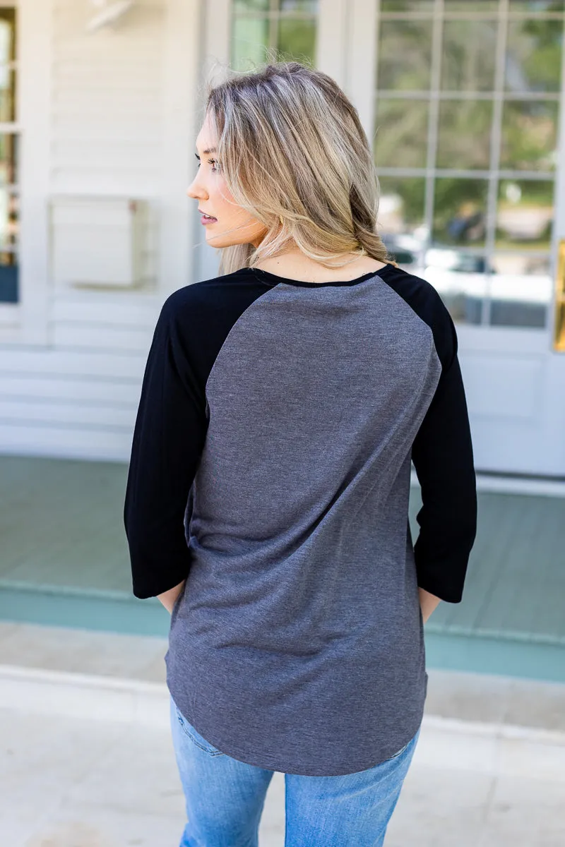 Precision Stripes: Grey & Black Striped Baseball Raglan