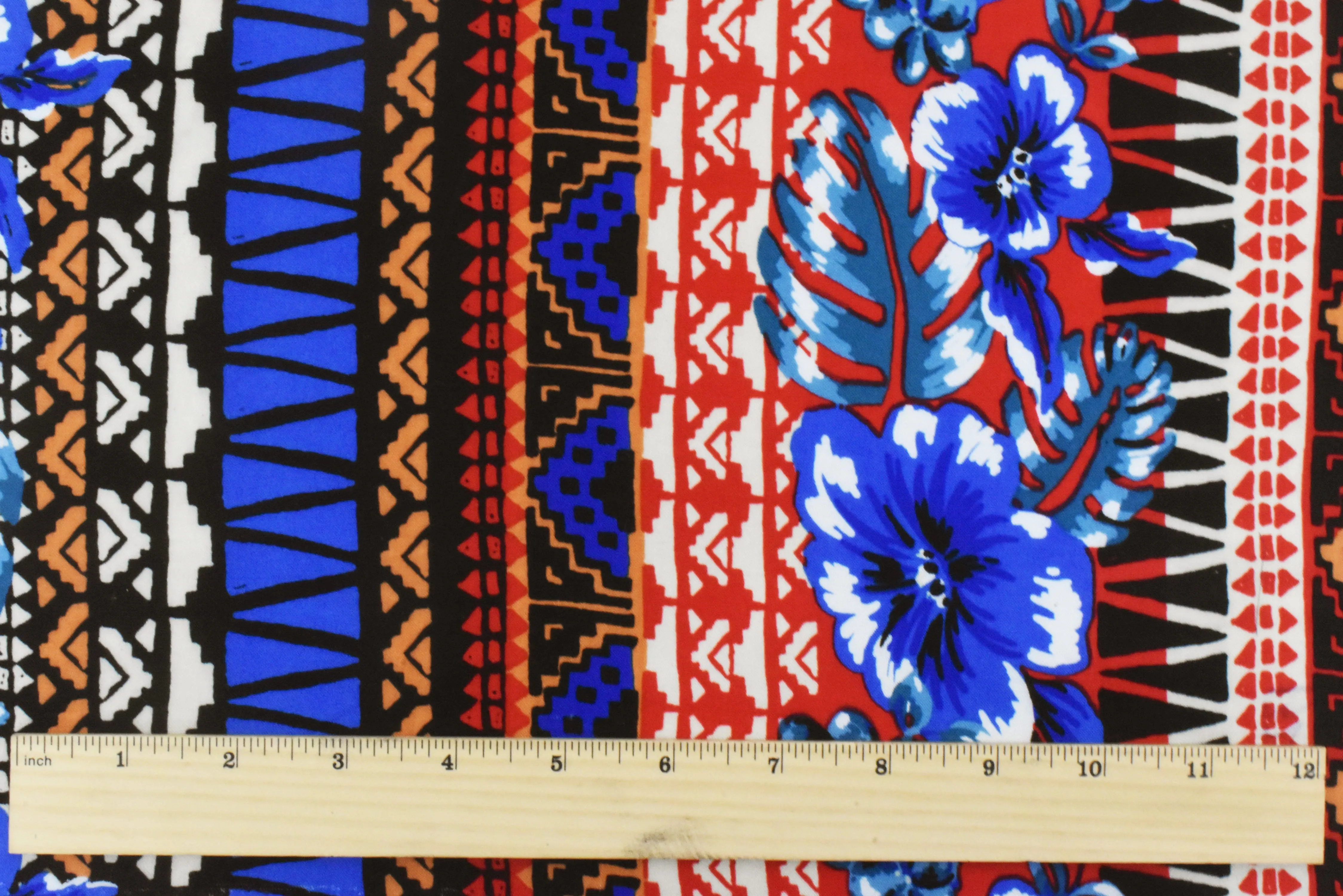 Red-Blue-Multi Floral Tribal Stripe Printed Challis Fabric