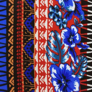 Red-Blue-Multi Floral Tribal Stripe Printed Challis Fabric