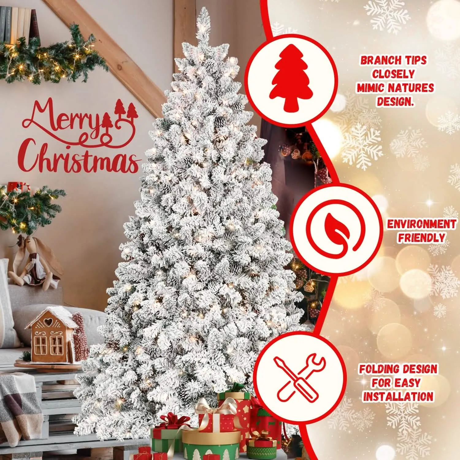 Snow-Covered 9FT Prelit Artificial Christmas Tree with Pine Cones and Sturdy Metal Stand