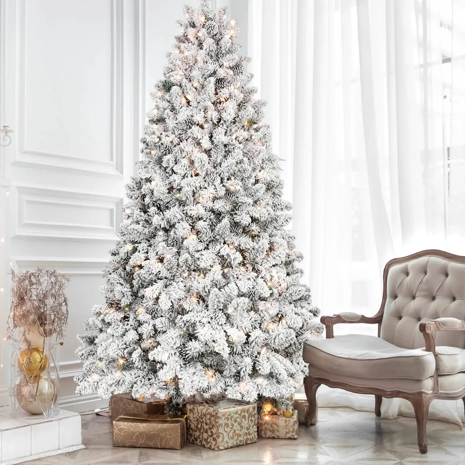 Snow-Covered 9FT Prelit Artificial Christmas Tree with Pine Cones and Sturdy Metal Stand