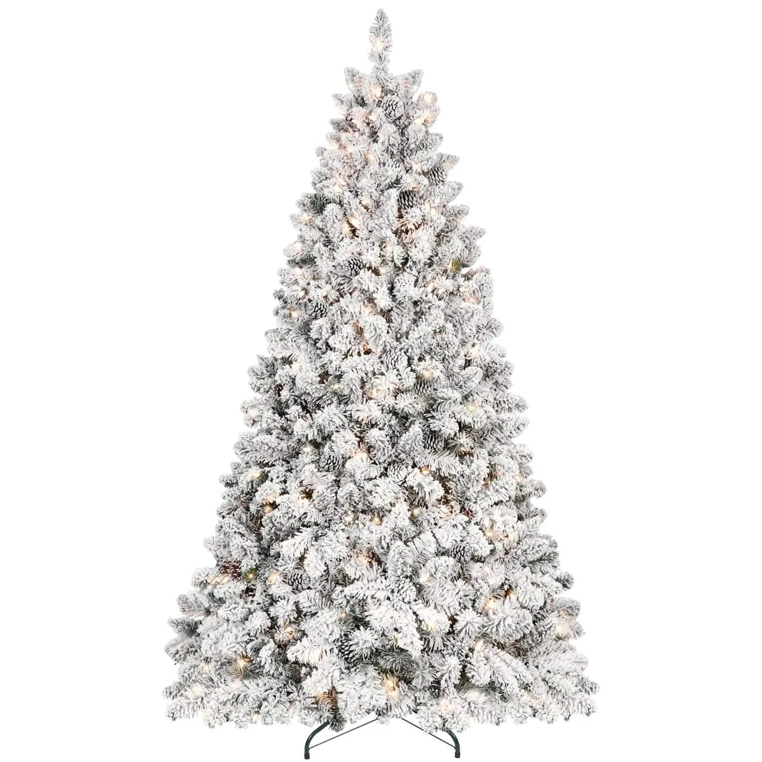 Snow-Covered 9FT Prelit Artificial Christmas Tree with Pine Cones and Sturdy Metal Stand