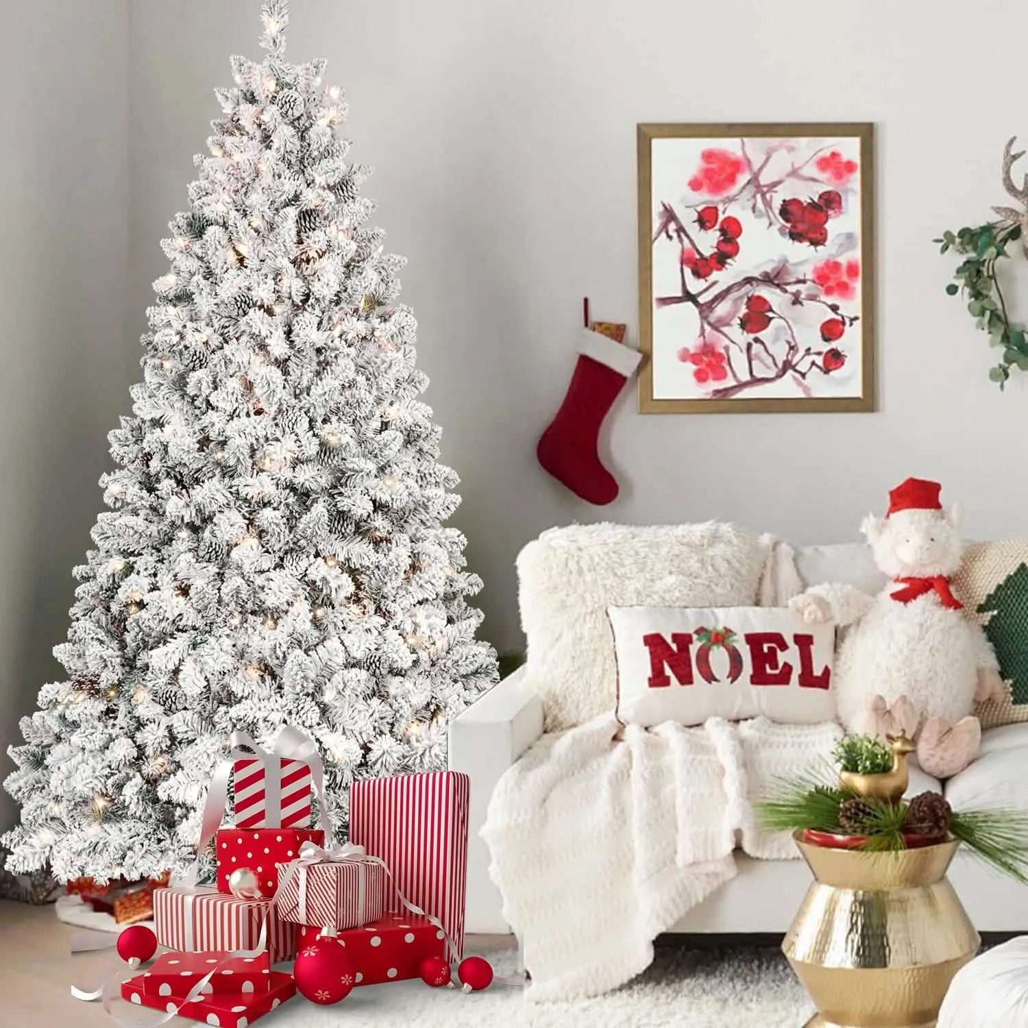 Snow-Covered 9FT Prelit Artificial Christmas Tree with Pine Cones and Sturdy Metal Stand