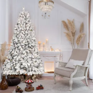 Snow-Covered 9FT Prelit Artificial Christmas Tree with Pine Cones and Sturdy Metal Stand