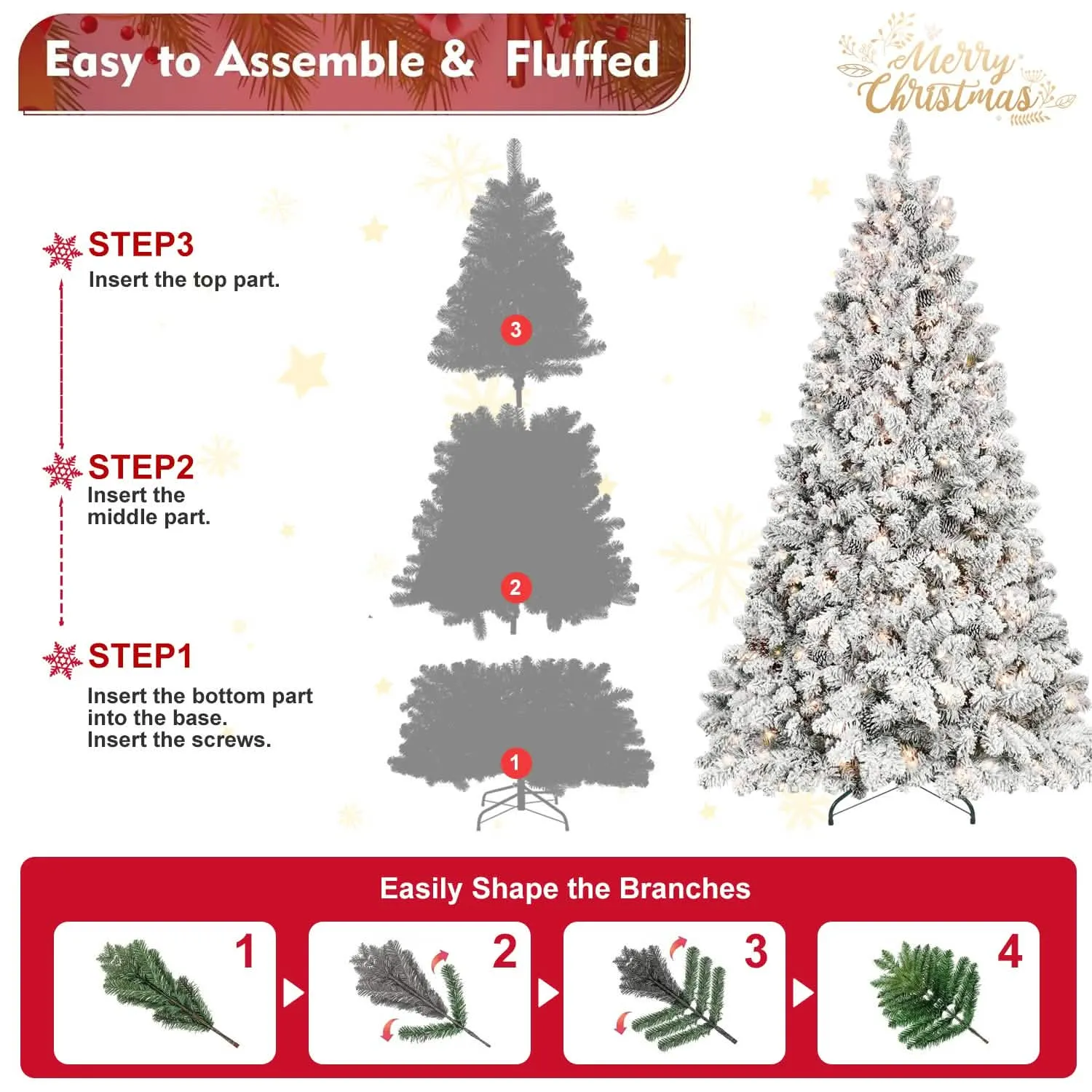 Snow-Covered 9FT Prelit Artificial Christmas Tree with Pine Cones and Sturdy Metal Stand