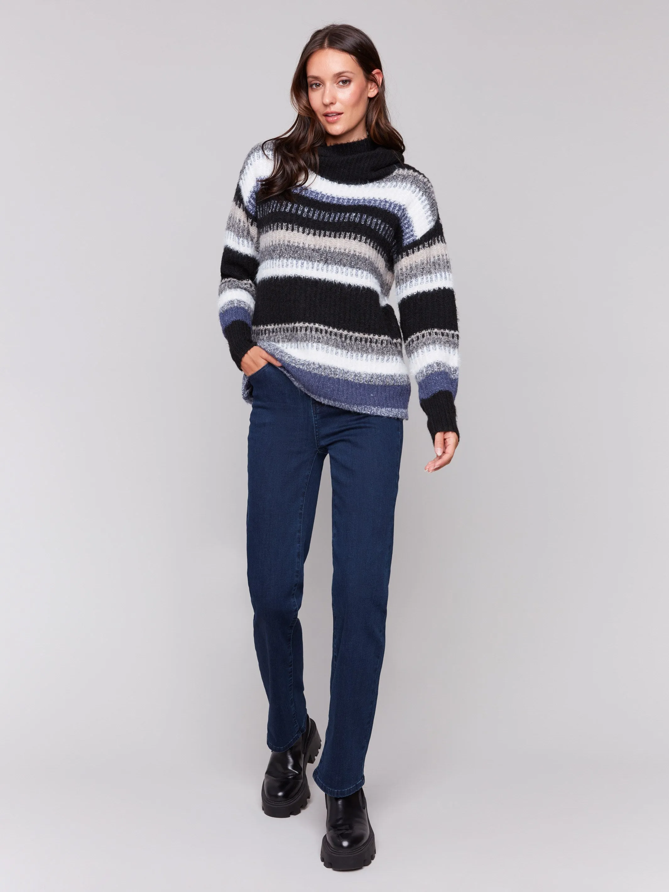 Striped Cowl Neck Sweater - Navy