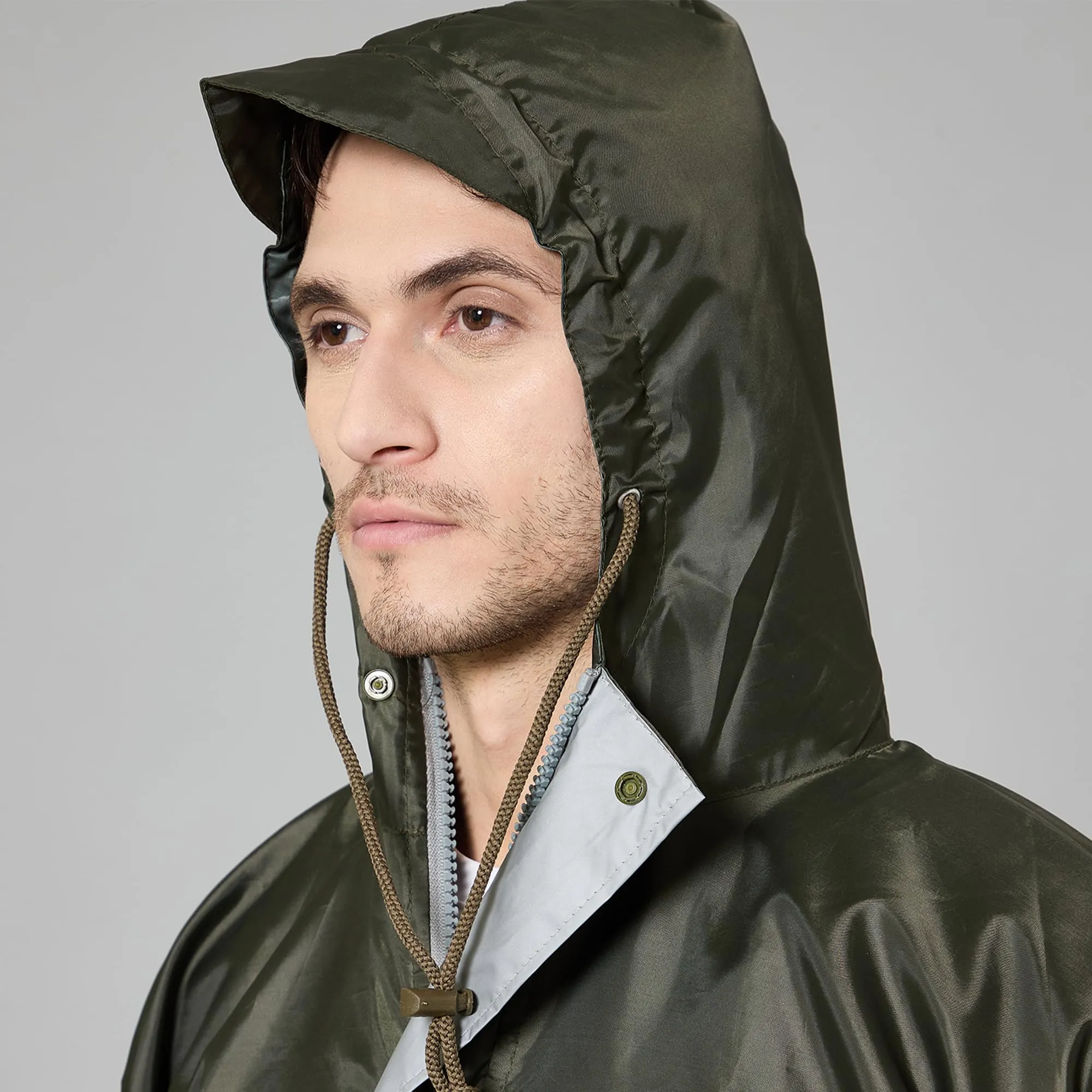 THE CLOWNFISH Polyester Reversible Double Layer Rain Coat For Men Waterproof Raincoat With Pants|Bike Rain Suit Rain Standard Length Jacket Suit Inner Mobile Pocket With Storage Bag (Mehendi Xxl)