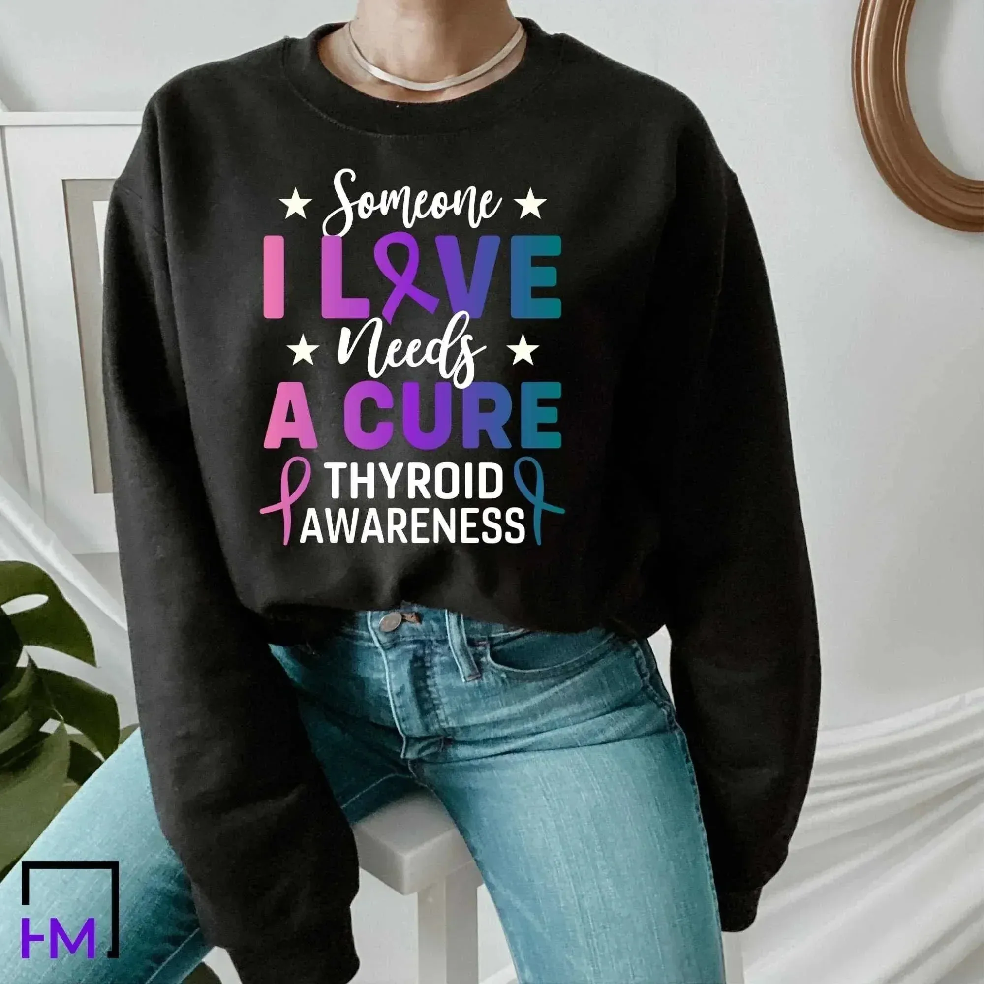 Thyroid Cancer Support Shirt, Womens Cancer Fighter Tops & Tees, Survivor Gift for Her, Purple Teal Pink Ribbon, Thyroid Cancer Awareness