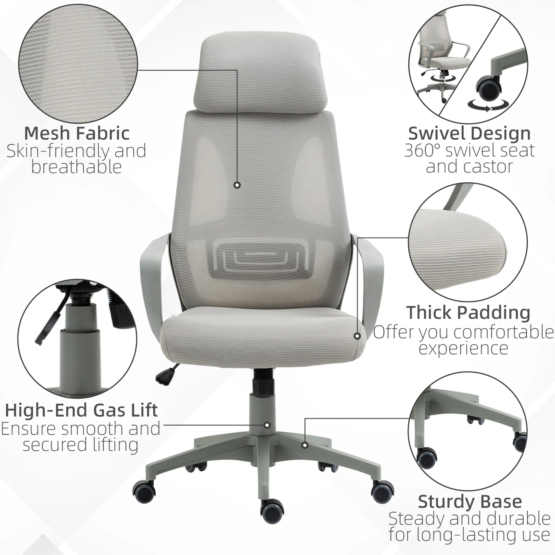 Vinsetto Grey Ergonomic Office Chair - High Mesh Back, Adjustable Height & Swivel Base