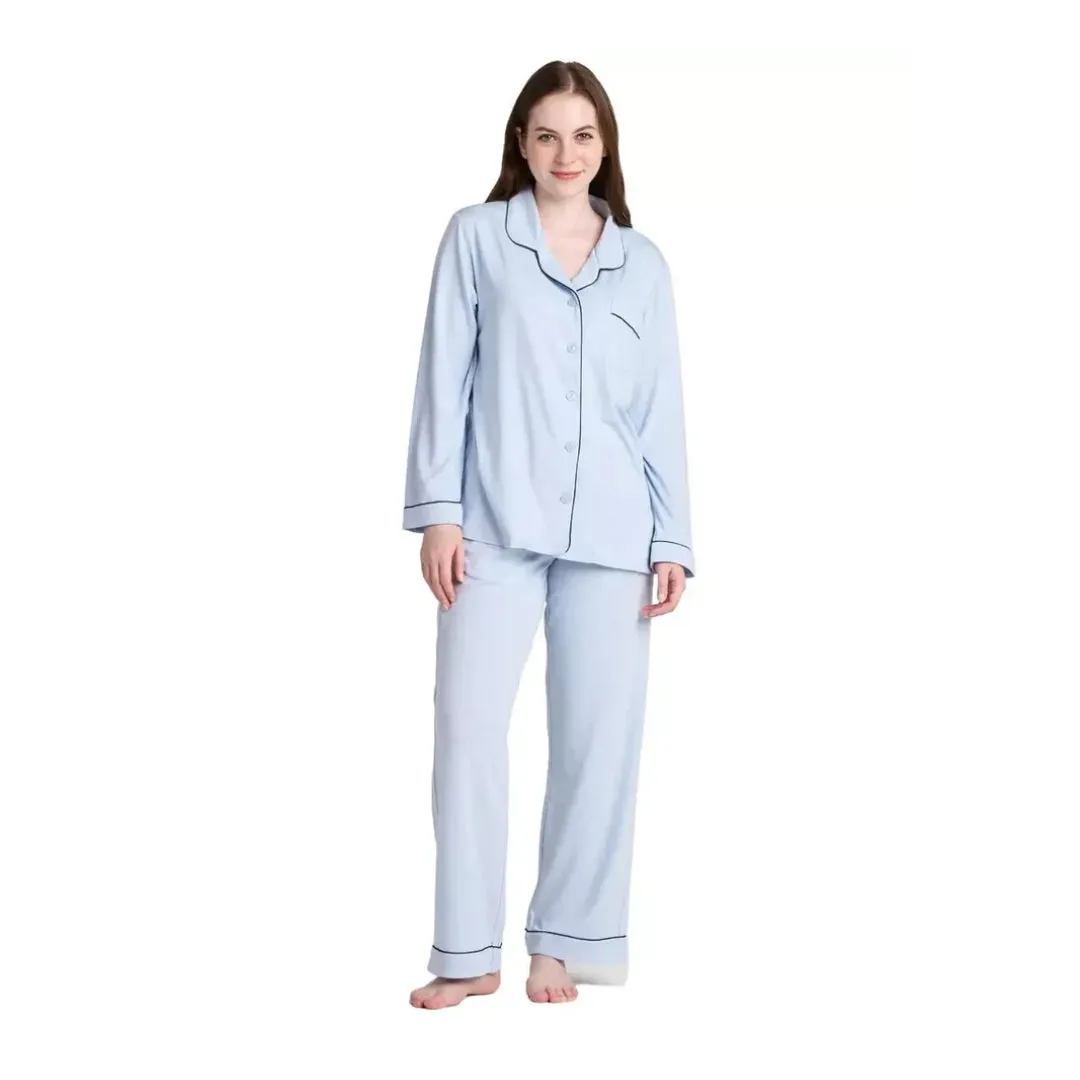 Women Blue Pyjamas Set Knit Lounge Bottom Pants and Long Sleeve Button Top