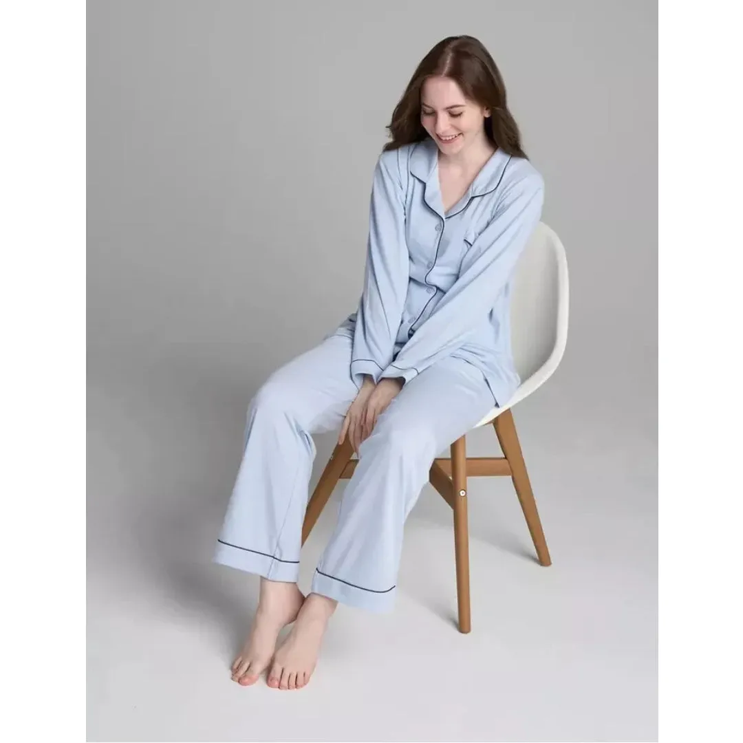 Women Blue Pyjamas Set Knit Lounge Bottom Pants and Long Sleeve Button Top