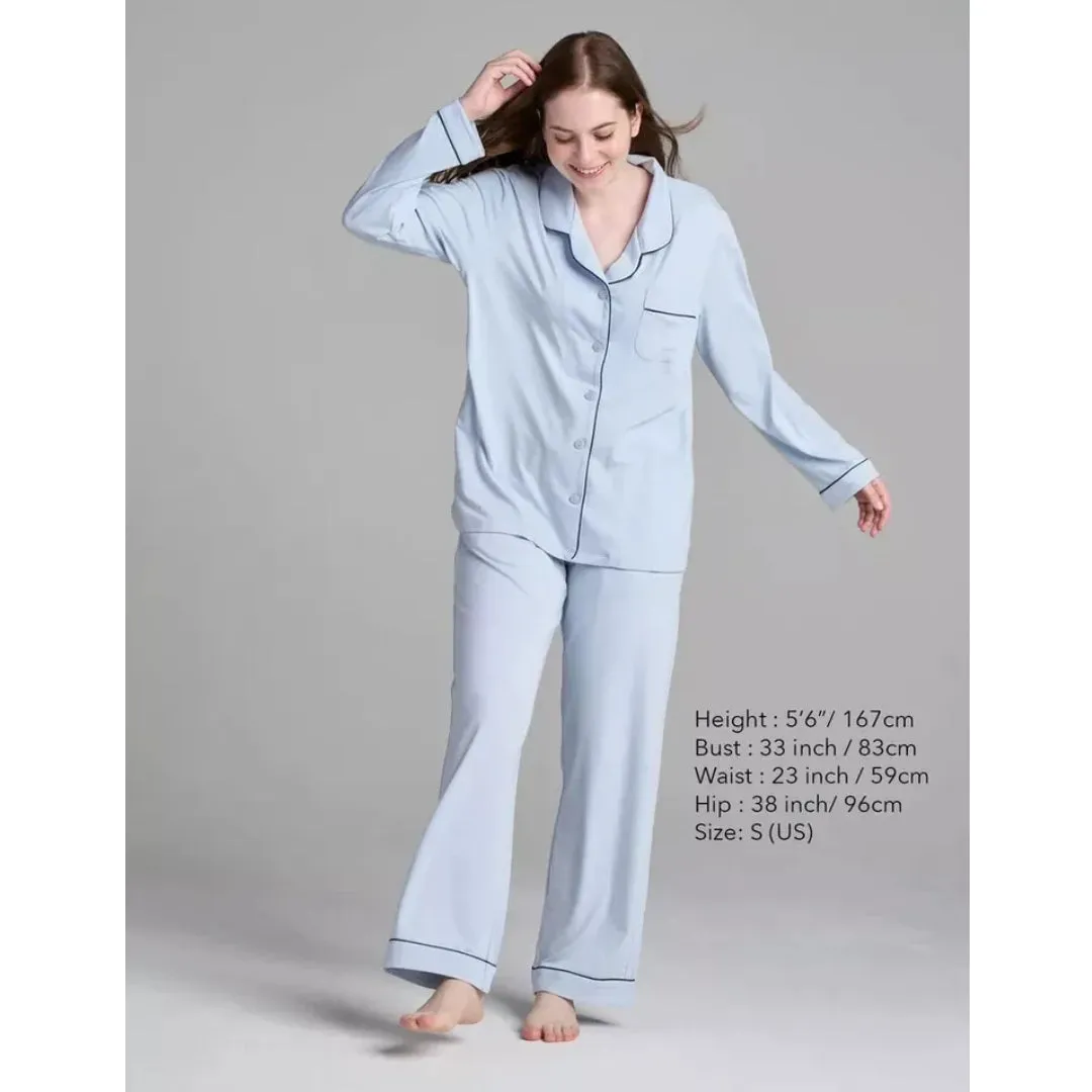 Women Blue Pyjamas Set Knit Lounge Bottom Pants and Long Sleeve Button Top