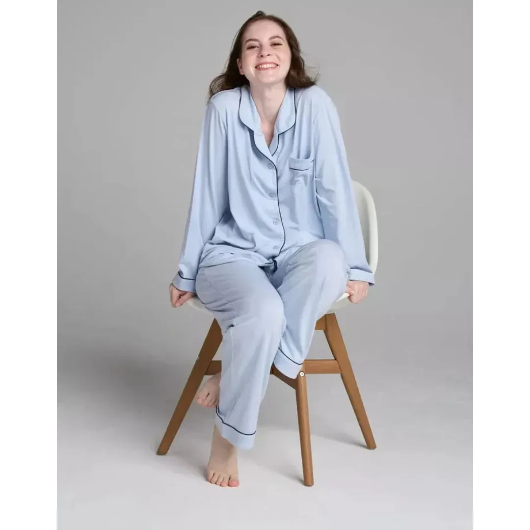 Women Blue Pyjamas Set Knit Lounge Bottom Pants and Long Sleeve Button Top