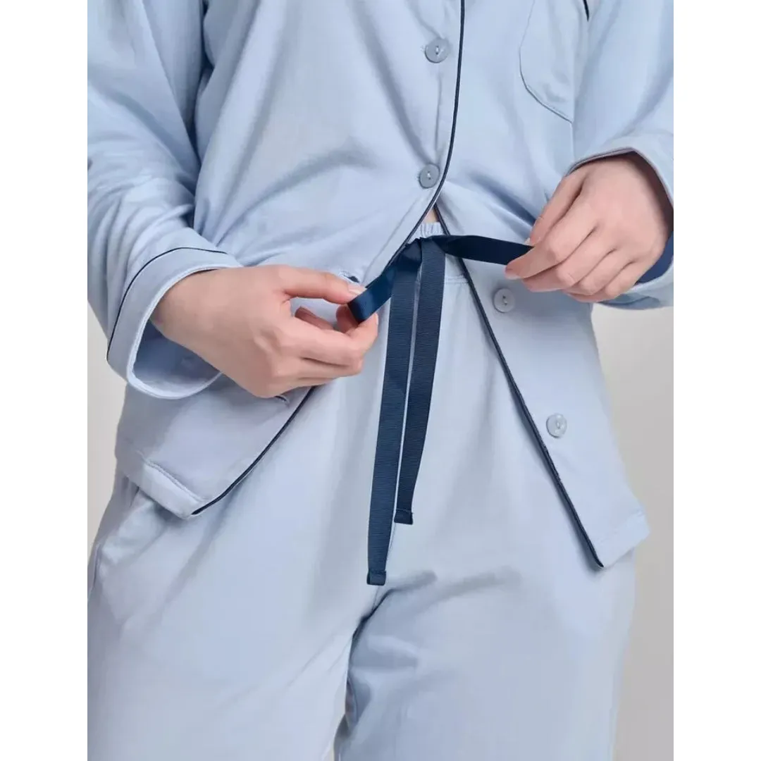 Women Blue Pyjamas Set Knit Lounge Bottom Pants and Long Sleeve Button Top