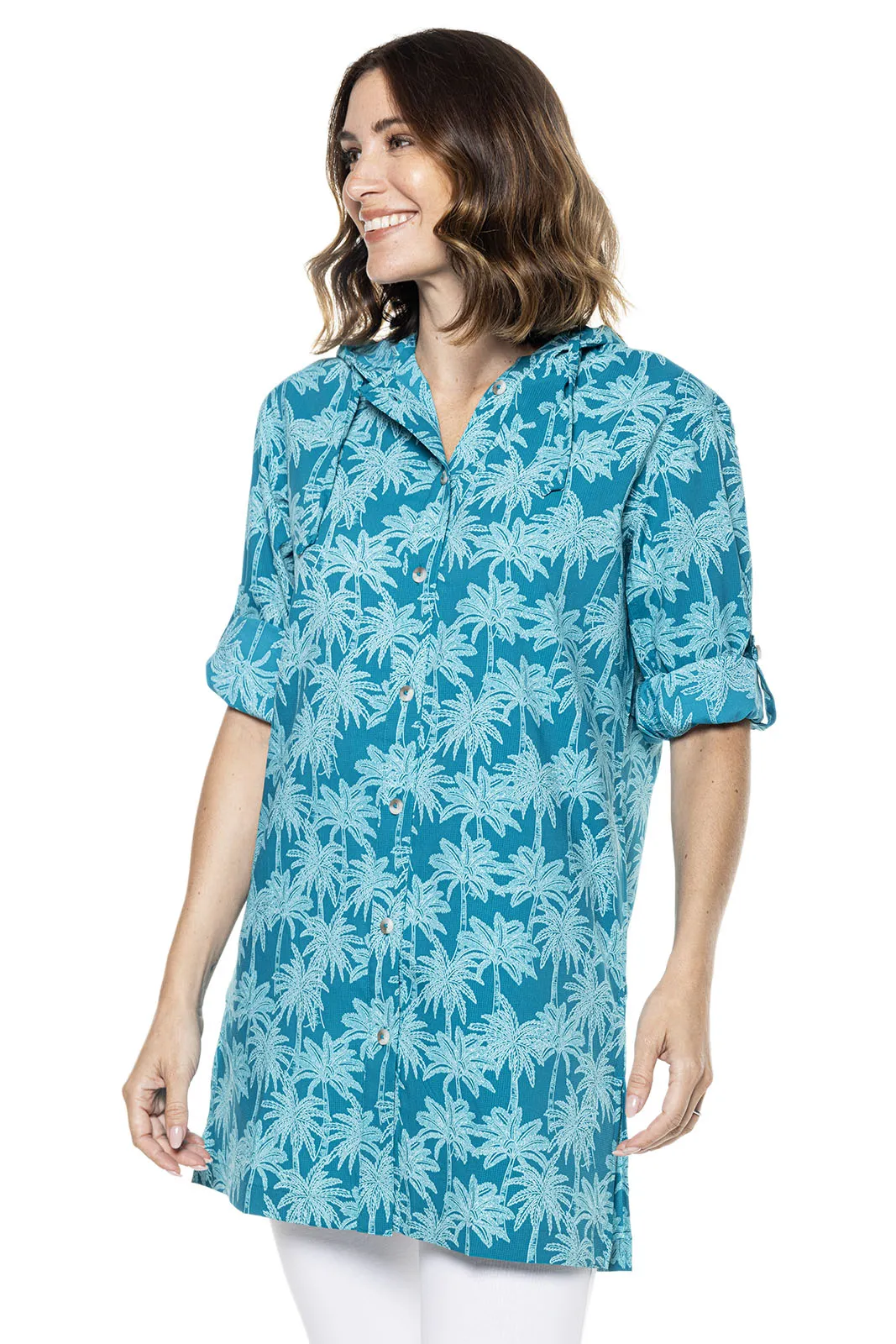 Women's Iztapa Beach Shirt | Tahitian Teal Swaying Palms